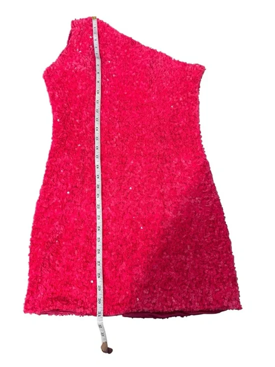 Hot Pink Sequin One Shoulder Mini Dress Textured Party Cocktail Large - Picture 4 of 9